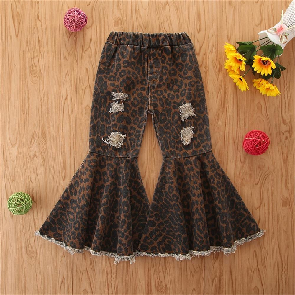 Cheetah Denim Ripped Wide Leg Flares